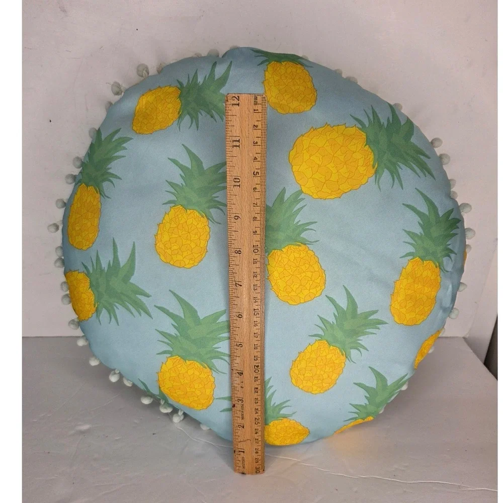 Round Pineapple Print Throw Pillow Light Blue Pom Pom Trim Tropical Decor 12in
